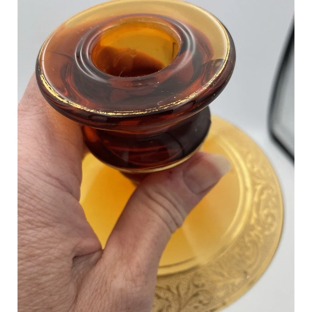 Vtg. Amber Glass Candle Holders Candlestick Pair Gold Encrusted Base Trim 1920's
